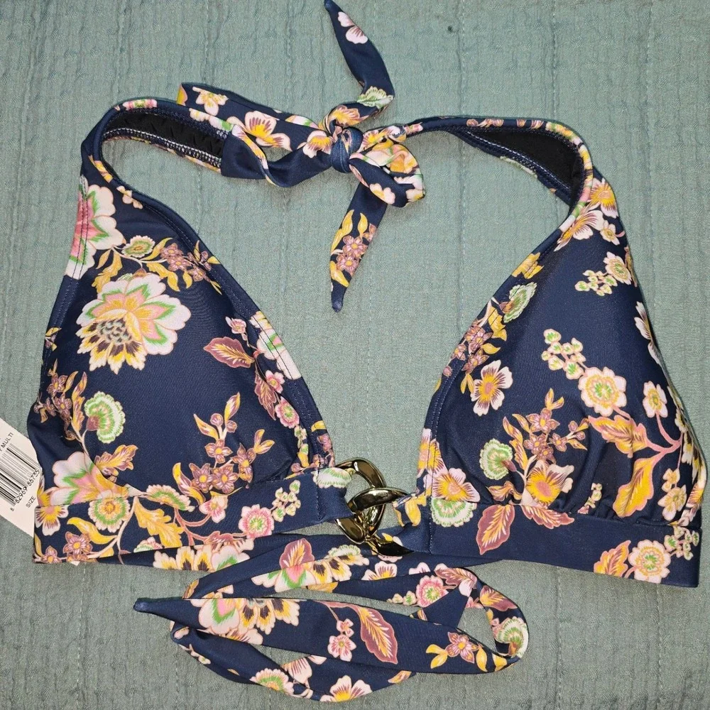 NWT Shoshanna Bikini Top Navy Multi‎ Floral Ring Triangle Halter Womens Size C